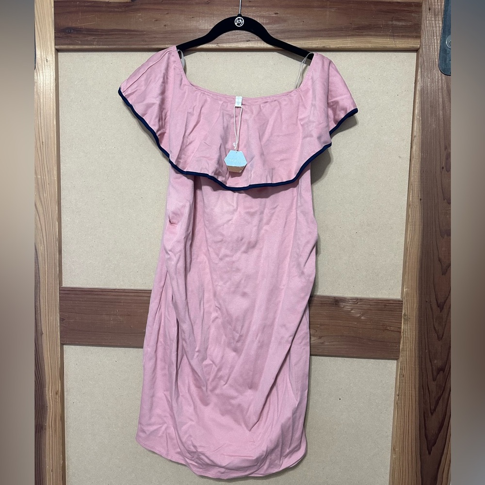 Maternity Dress - Pink w/ Navy Trim